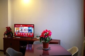 A hotel room with a TV on a stand, a dining table with chairs, and a potted plant on the table. - Huaqitang Rural Life Hostel (Wuhan)