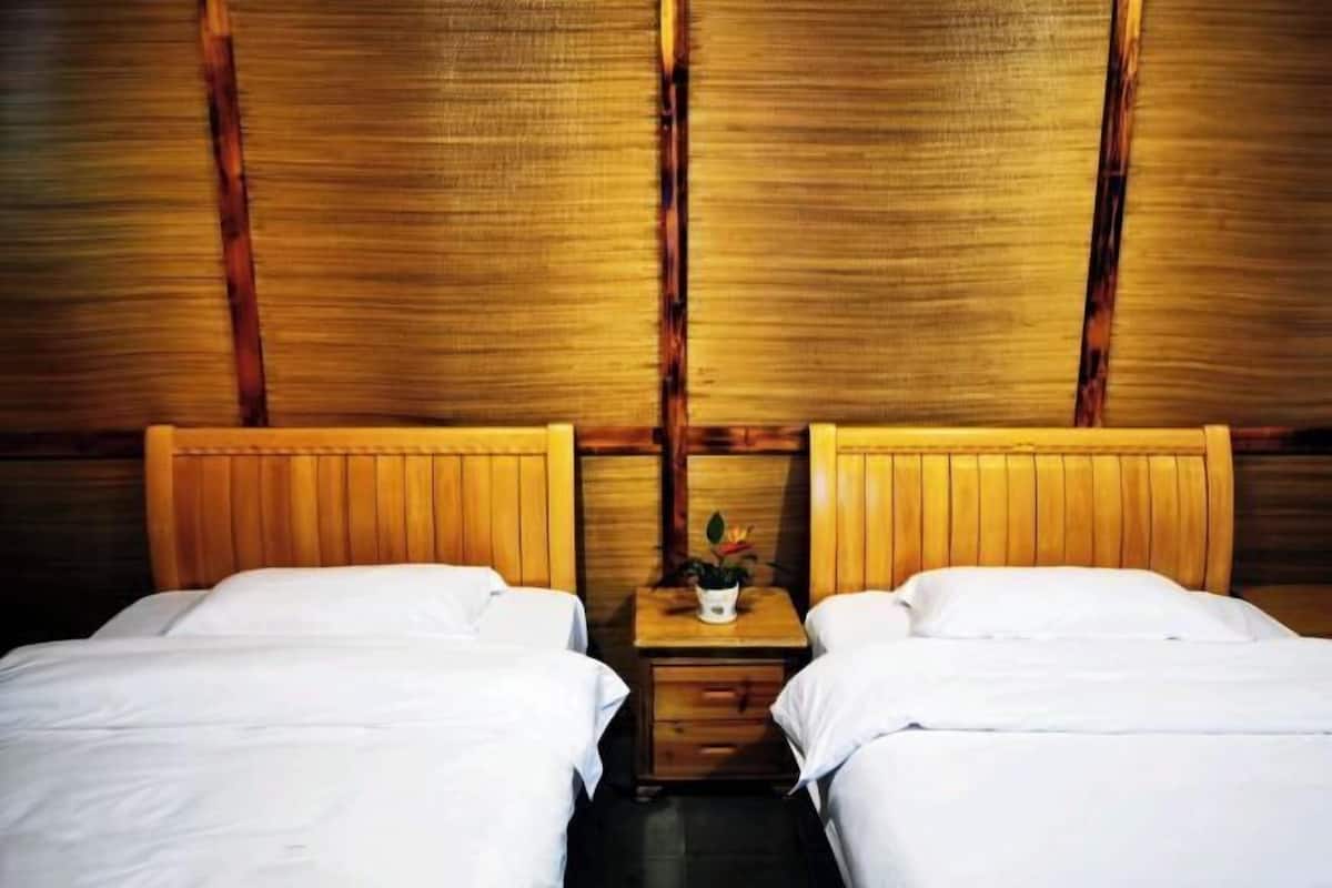Une chambre avec deux lits, des têtes de lit en bois, une petite table de chevet avec une plante et un panneau mural en bois.