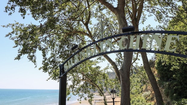 Señal de entrada a la playa con el nombre 'SHANKLIN BEACH' y vista de la playa con gente y un perro.