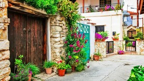 A courtyard with a stone wall, a wooden door, and potted plants. - Lovely 1-bed Palm Garden House in Perivolialarnaka (Pervolia)