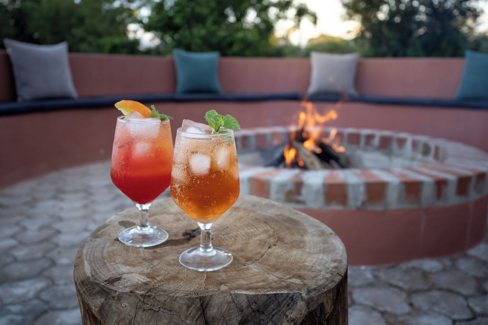 Dos bebidas sobre un tocón de madera, con una fogata al fondo.
