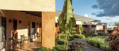A building with a covered outdoor seating area, a large leaf plant, and a pathway.