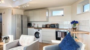 A compact living space with a kitchenette, a washing machine, and two armchairs.