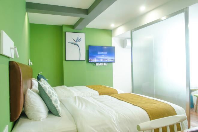 A hotel room with a bed, green walls, a flat-screen TV, and a window.