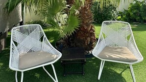 Deux chaises en osier blanc avec des coussins, une petite table et un grand palmier, le tout dans un cadre de jardin.