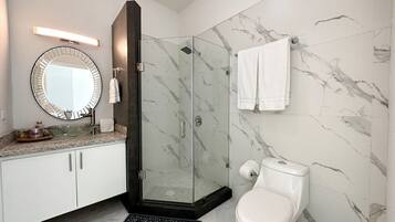 Shower, hair dryer, towels