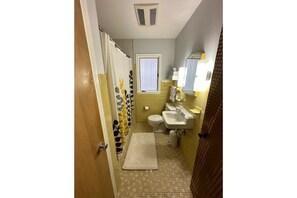 Hair dryer, bidet, towels, soap