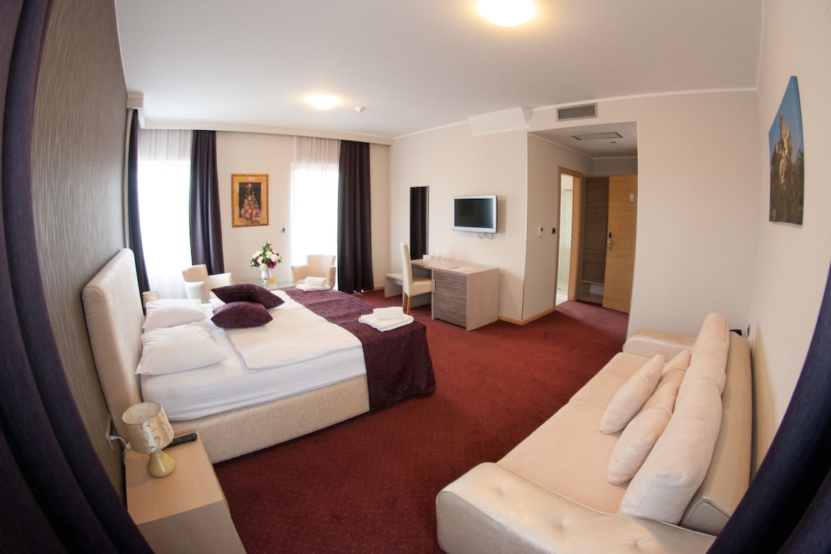 A hotel room with a bed, a sofa, a desk, and a TV.