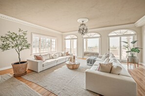 Smart TV, fireplace, books