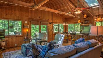 Smart TV, fireplace, books, printers