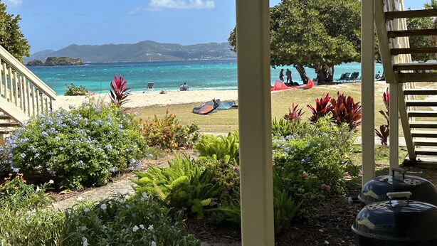 Une vue sur la plage avec une terrasse en bois, un barbecue et diverses plantes.