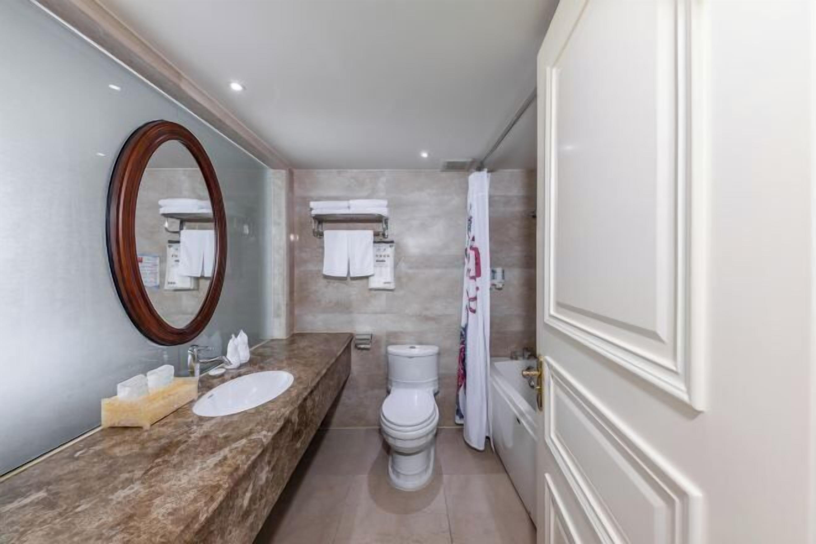 A modern bathroom with a marble vanity, a large mirror, a toilet, and a shower area.