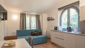 A compact living space with a sofa, a small dining table, a kitchenette, and a large window.
