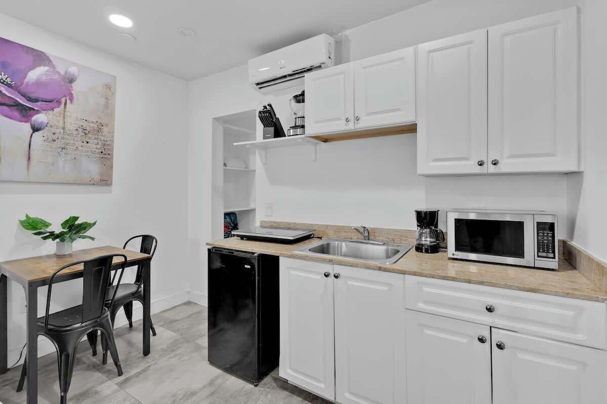 Microwave, stovetop, coffee/tea maker, toaster