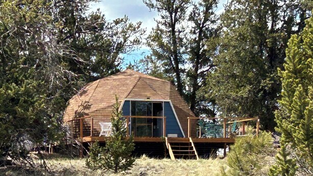 Une cabane perchée dans un arbre, en forme de dôme, dotée d’une terrasse en bois et d’une fenêtre en verre, entourée d’arbres et d’herbe.
