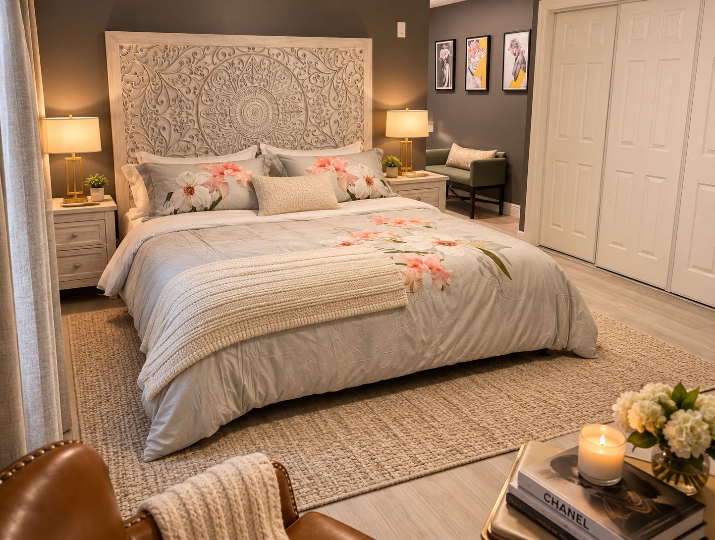 Un dormitorio con una cama grande, lámparas de noche, una mesita de noche, una silla, una puerta y una pared decorada con cuadros.
