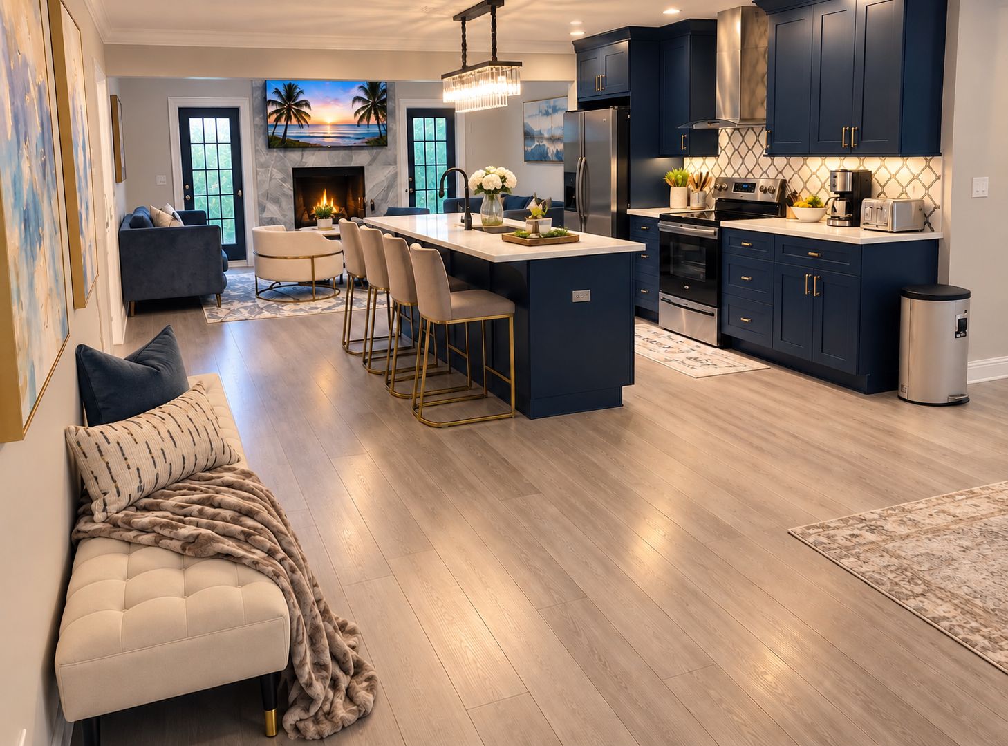 A modern kitchen with dark blue cabinets, stainless steel appliances, and a central island.