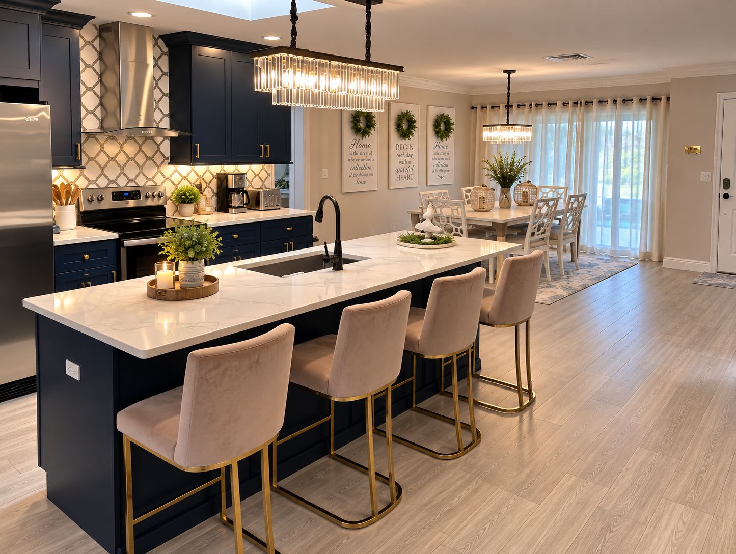 A modern kitchen with a central island, bar stools, and a dining area with a chandelier.