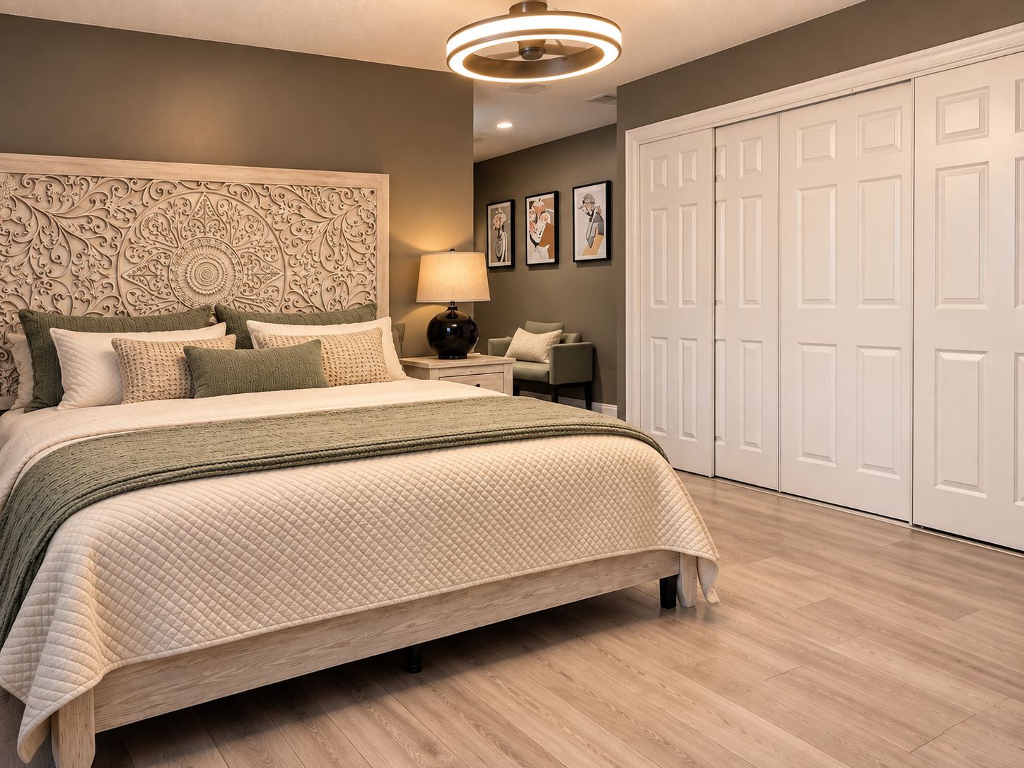 Un dormitorio con una cama grande, cabecera con intrincados grabados, mesita de noche con lámpara y armario con puertas dobles.