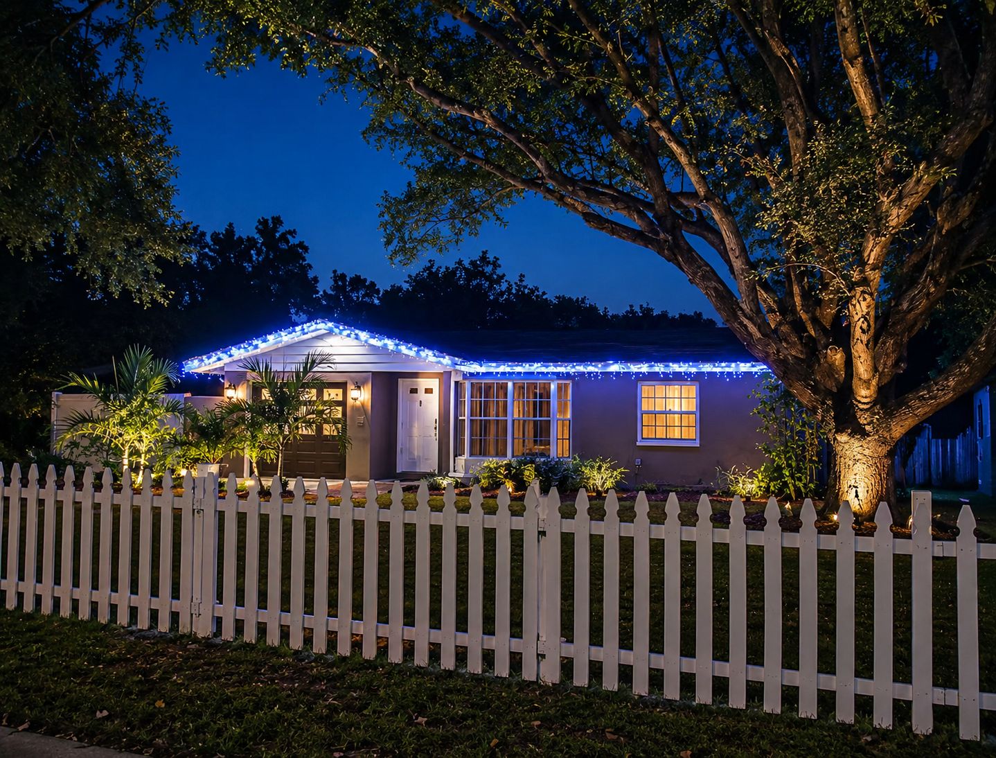Une maison avec une clôture en bois peinte en blanc, un arbre au premier plan et des guirlandes lumineuses sur le toit.