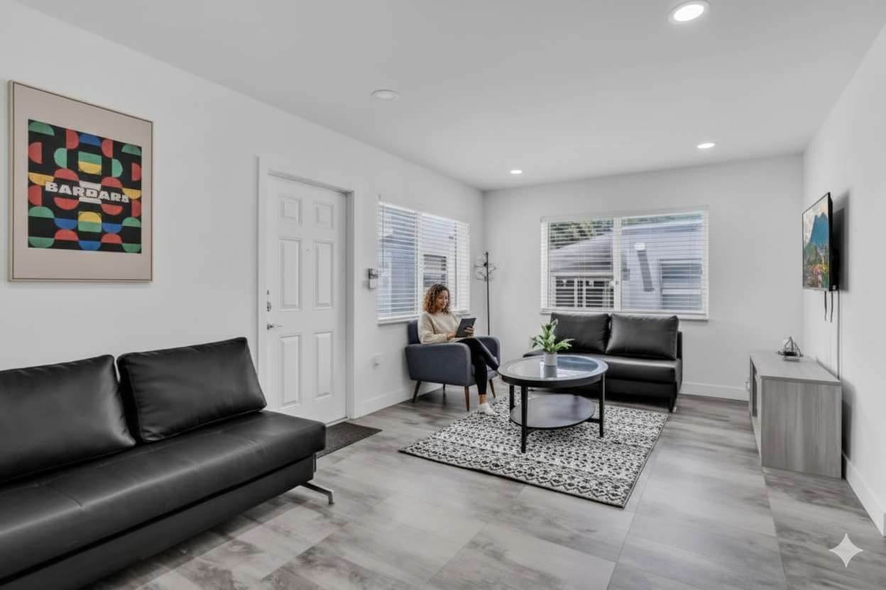 A modern living room with a black leather sofa, a round coffee table, and a grey couch. There is a person sitting on the grey couch using a tablet.