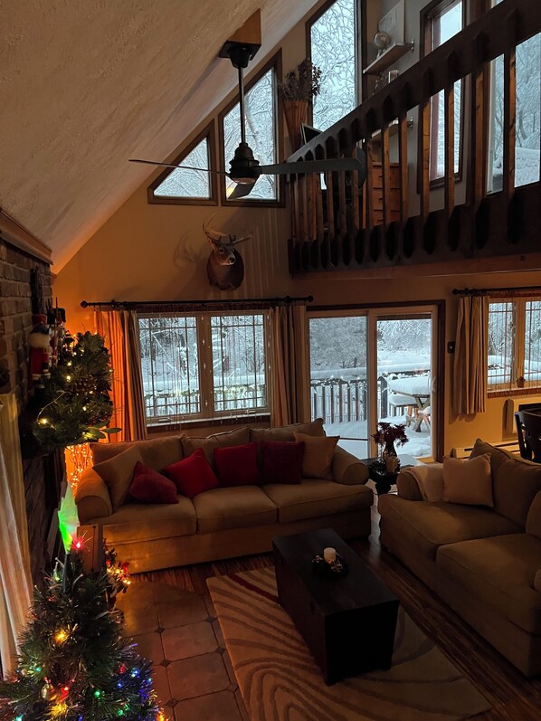 Smart TV, fireplace, foosball, books
