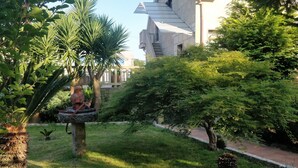 A garden with a statue, a palm tree, and a pathway leading to a building. - Barranqueiro House (Vilaboa, Pontevedra)