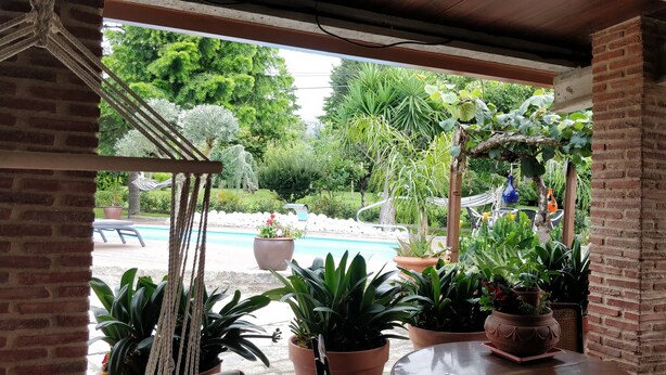 A covered patio area with potted plants, a pool, and a view of a lush garden. - Barranqueiro House (Vilaboa, Pontevedra)