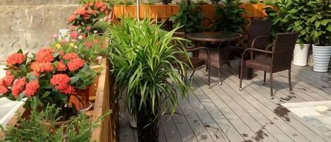 Una terraza de madera con macetas y una mesa con sillas.