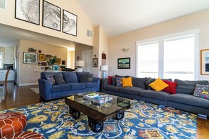 TV, fireplace, table football, books