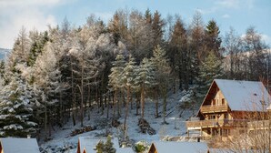 A wooden cabin with a balcony, surrounded by snow-covered trees and a clear sky.