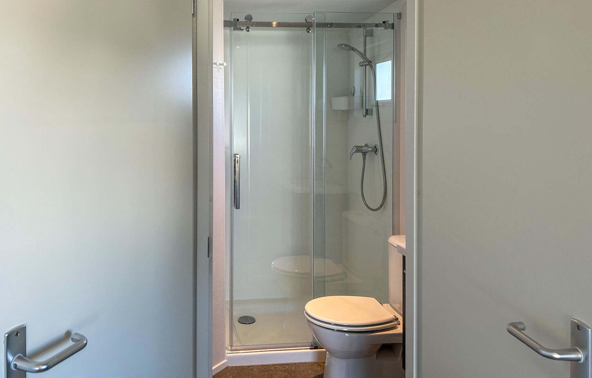 Une cabine de douche en verre avec des toilettes et un pommeau de douche.