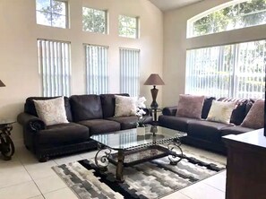 Smart TV, fireplace, books, computer monitors