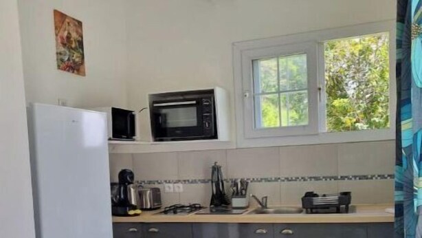 A compact kitchen with a white refrigerator, a microwave, a sink, and a window with a view of greenery. - Property in peaceful, central countryside (Ducos)