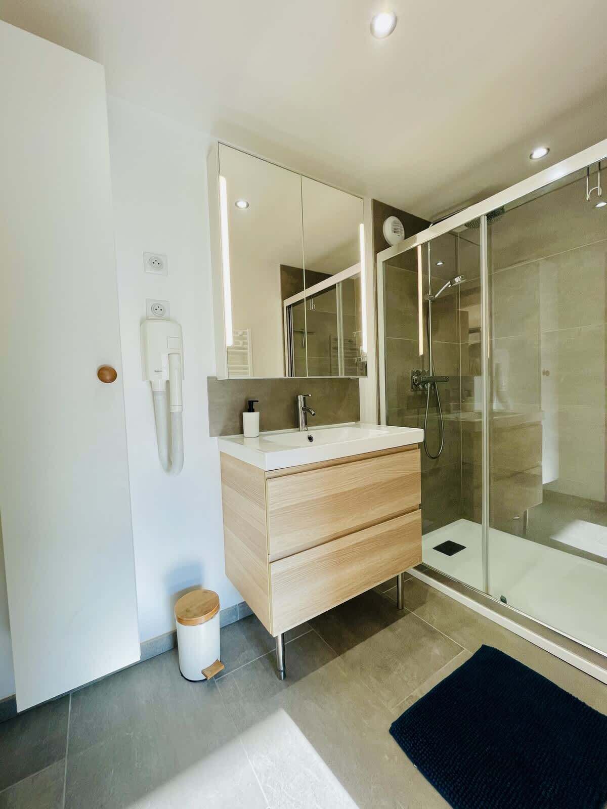 Shower, hair dryer, towels