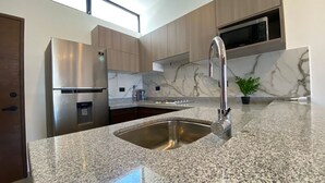 Une cuisine moderne dotée de plans de travail en granit, d’appareils électroménagers en acier inoxydable et d’un pare-feu en marbre.