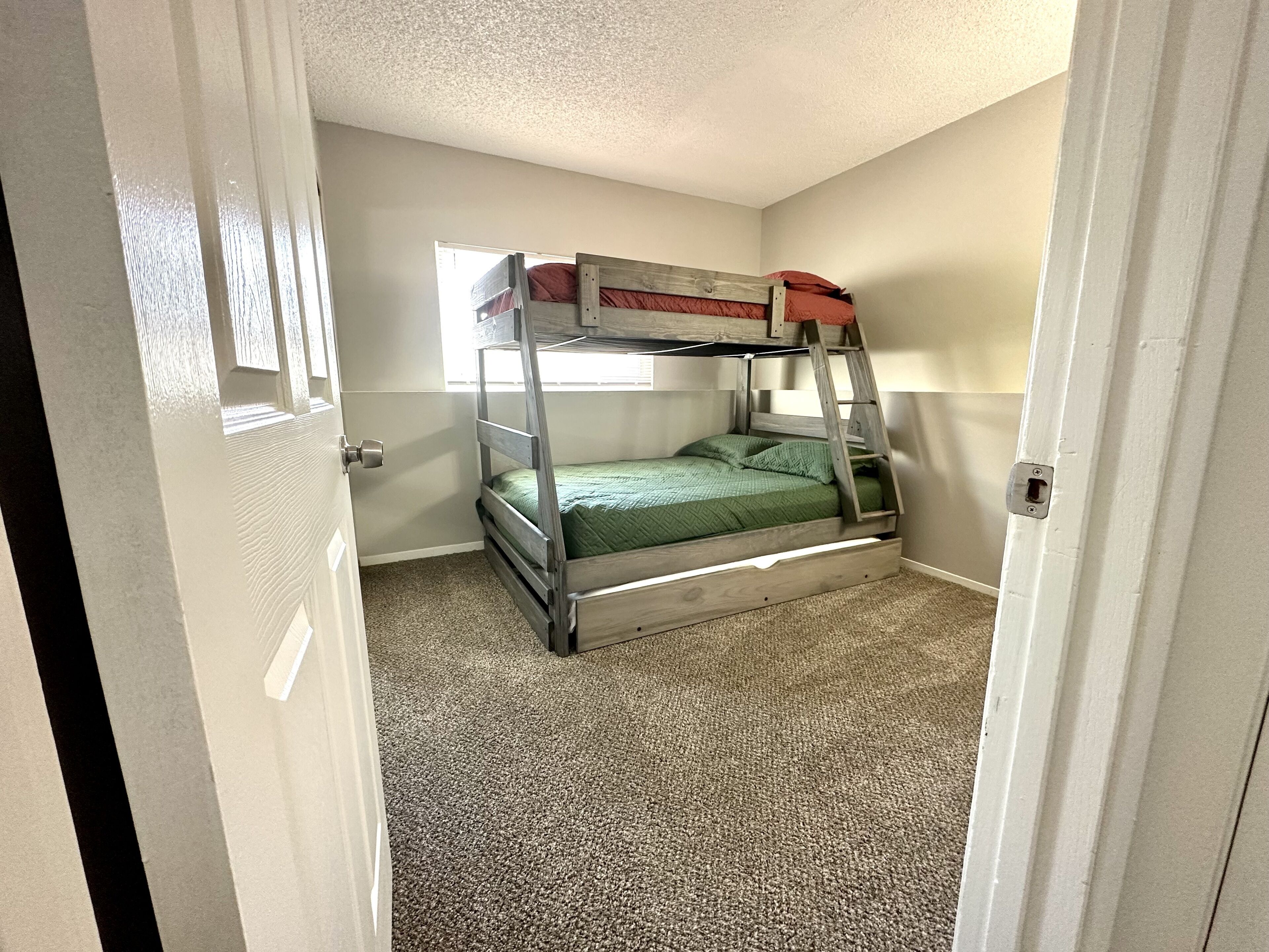 A bunk bed in a room with a carpeted floor, a window, and a door.