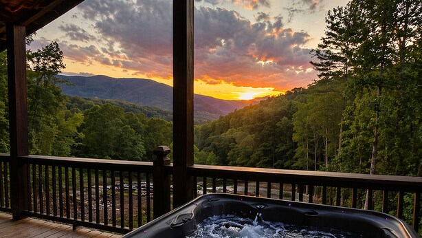 Un bain à remous sur une terrasse en bois, avec vue sur une forêt et des montagnes, au coucher du soleil.