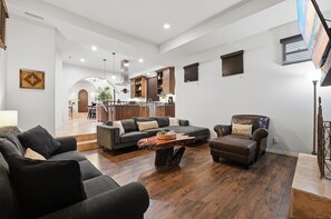 TV, fireplace, books