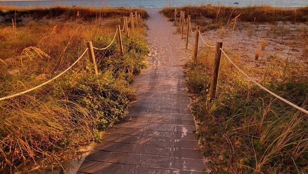 A wooden pathway leading to the beach, flanked by grass and ropes. - Recently Renovated 2bd, Sleeps 6 Pinnacle Port, W/ Boat Ramp 2 Bedroom Condo by RedAwning (Panama City Beach)