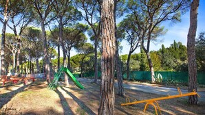 A playground with a green slide and a seesaw in a park with tall trees. - Mas Vermey nº 6 - Apartment with shared swimming pool - Calella de Palafrugell (Calella de Palafrugell)