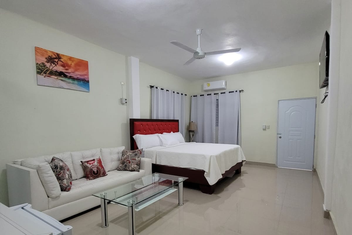 Une chambre d’hôtel avec un lit, un canapé, une table basse en verre, un ventilateur de plafond et un tableau au mur.