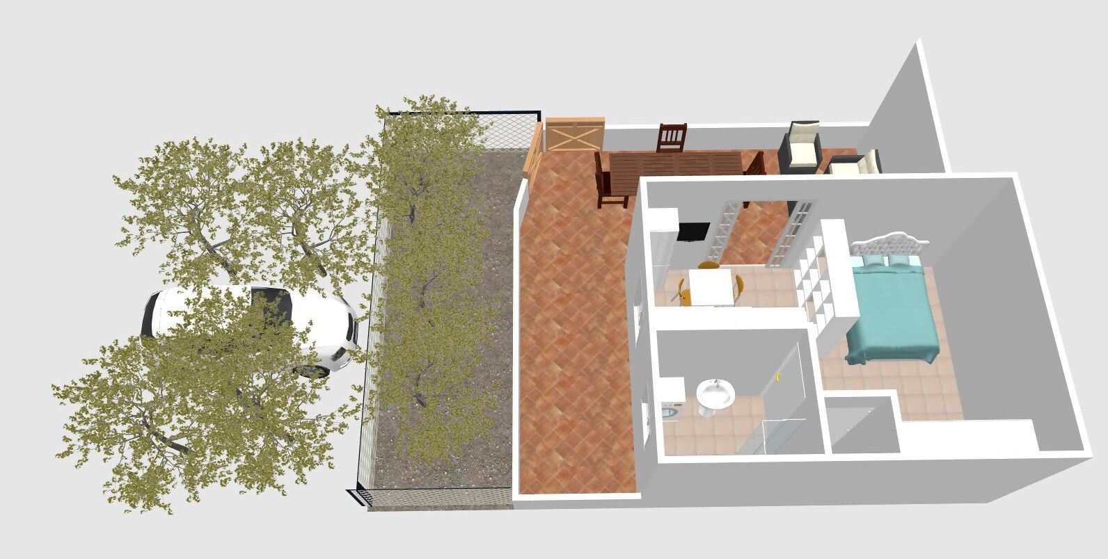 Un plan en 3D d’une maison comprenant un salon, une cuisine, une salle de bain et un petit espace extérieur avec des arbres.