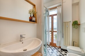 Shower, hair dryer, bidet, towels