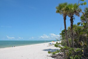 A beach with white sand, palm trees, and a clear blue sky. - Coastal Casa Retreat Pool, Tiki Bar Near Beaches (Bonita Springs)