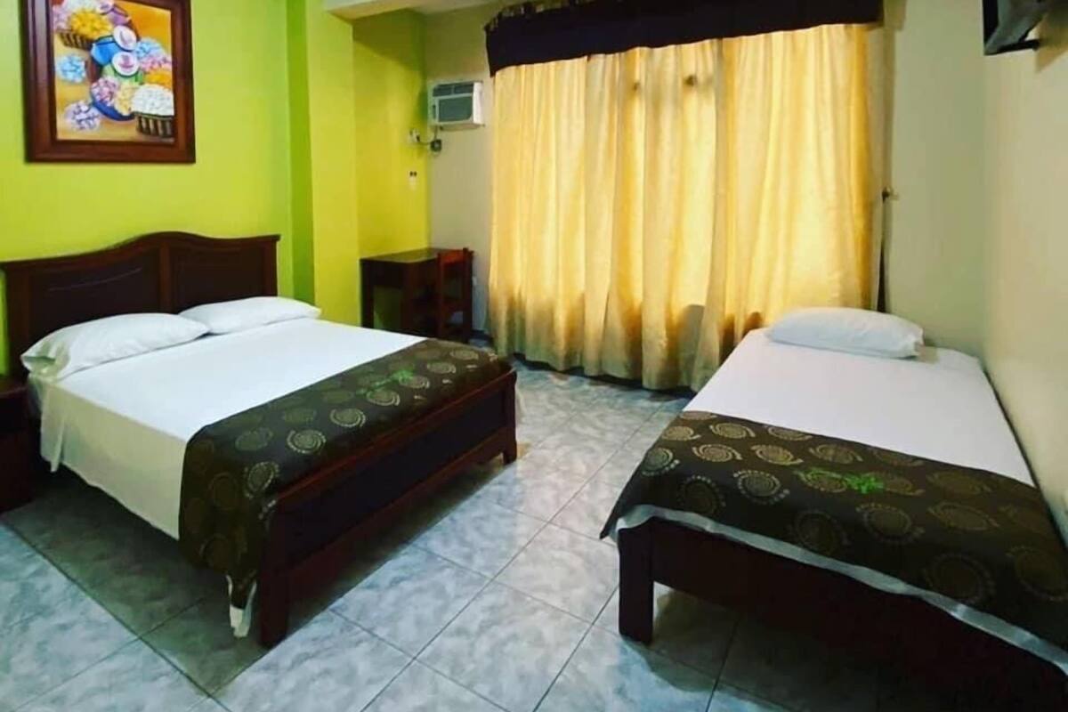 A hotel room with two beds, a painting on the wall, an air conditioning unit, and a curtain.