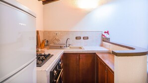 A compact kitchen with a white refrigerator, a gas stove, wooden cabinets, and a tiled backsplash.