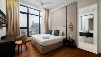 Premium bedding, desk, blackout curtains, iron/ironing board