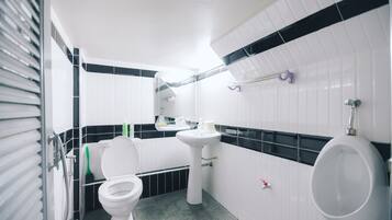 Hair dryer, towels, soap, shampoo