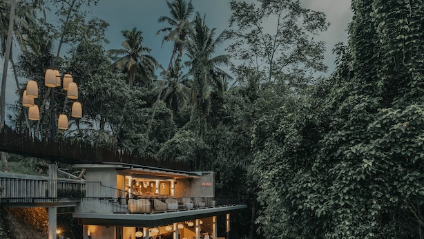 Un resort moderno con piscina, mobiliario exterior y abundante vegetación.